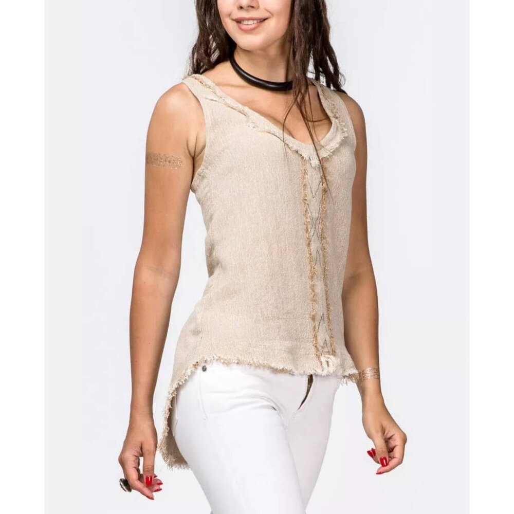 Chintamani Alchemistry frayed embroidered cotton blend sleeveless racerback top